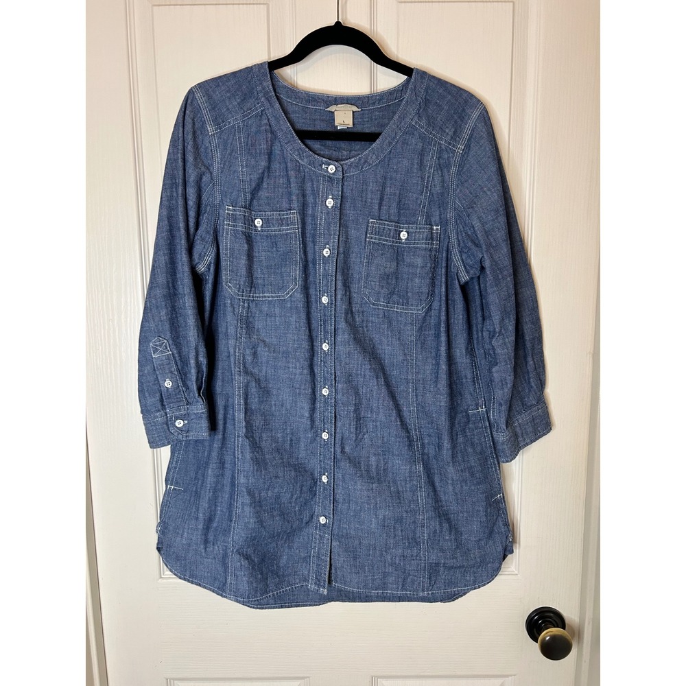 Duluth Trading Co Womens Blue Organic Cotton Chambray 3/4 Sleeve Tunic Top L